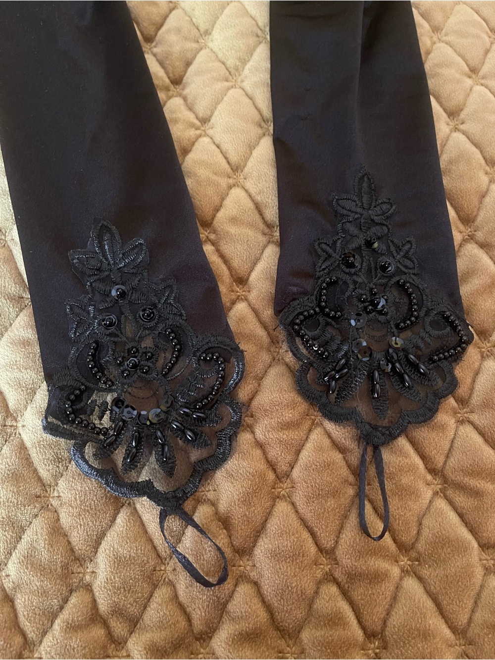 Black Beaded Lace-Trim Evening Fingerless Long Gloves - Women Accessories